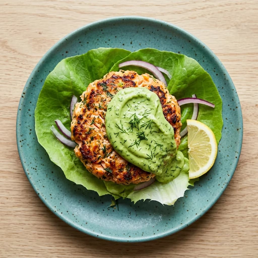 Paleo Lemon-Dill Salmon Burgers with Avocado Crema