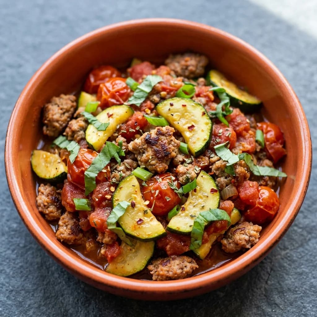 Whole30 Basil-Tomato Italian Sausage Zucchini Skillet