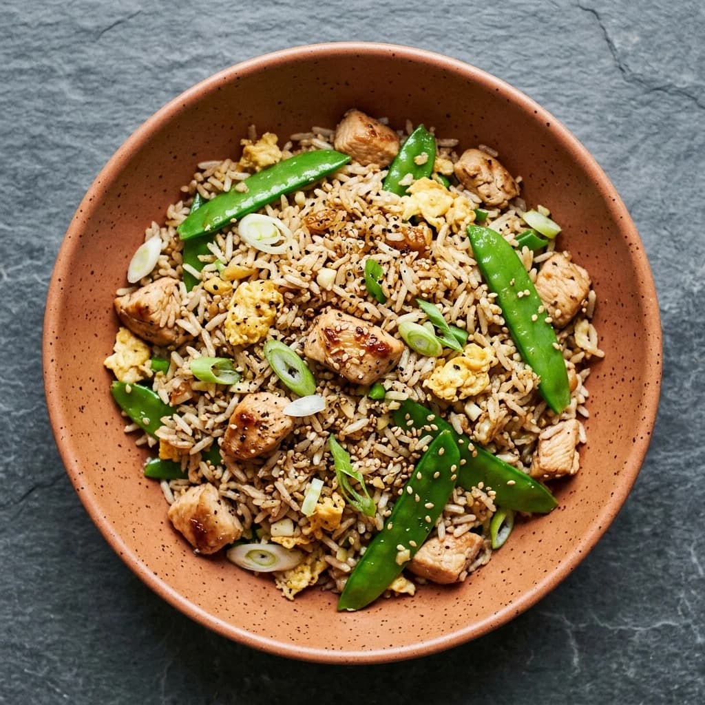 Black Pepper Chicken Fried Rice with Snow Peas
