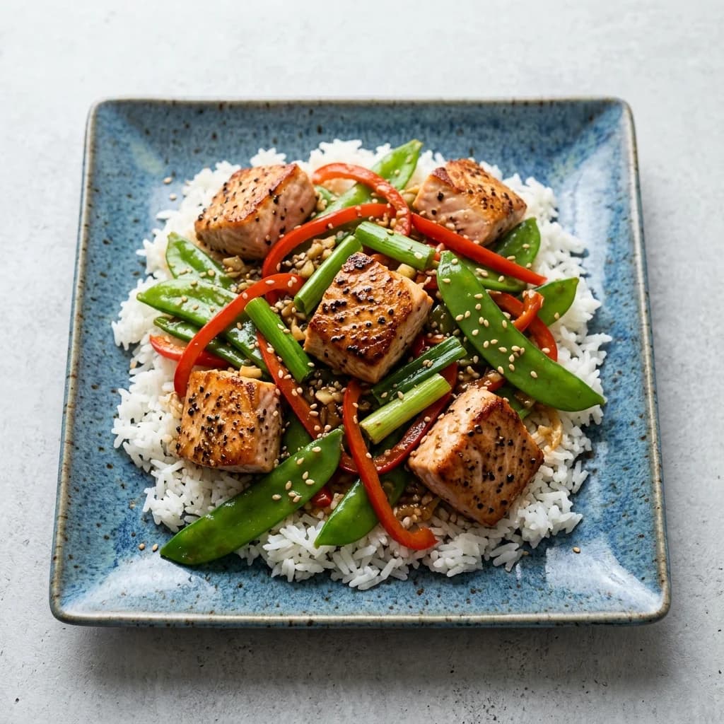 Black Pepper Salmon Stir-Fry with Snow Peas