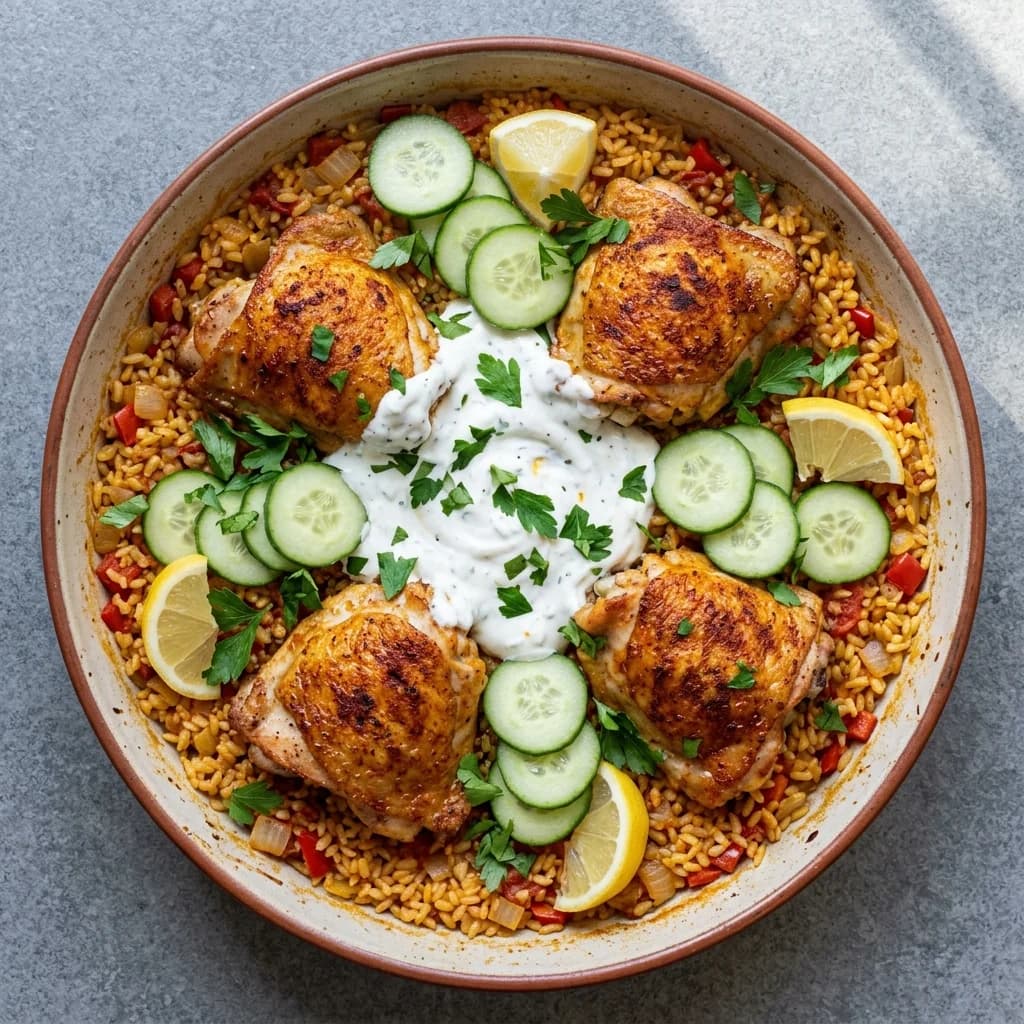 Garlic Yogurt Chicken Paella with Cucumber
