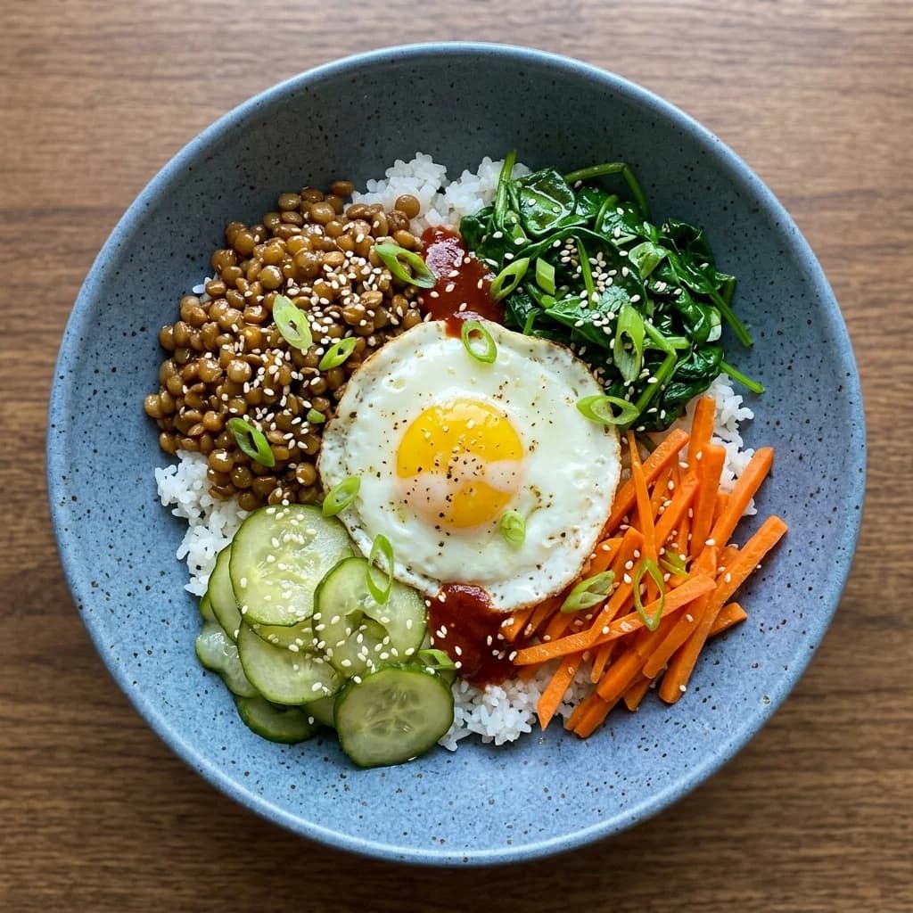 Honey-Garlic Lentil Bibimbap with Crisp Vegetables