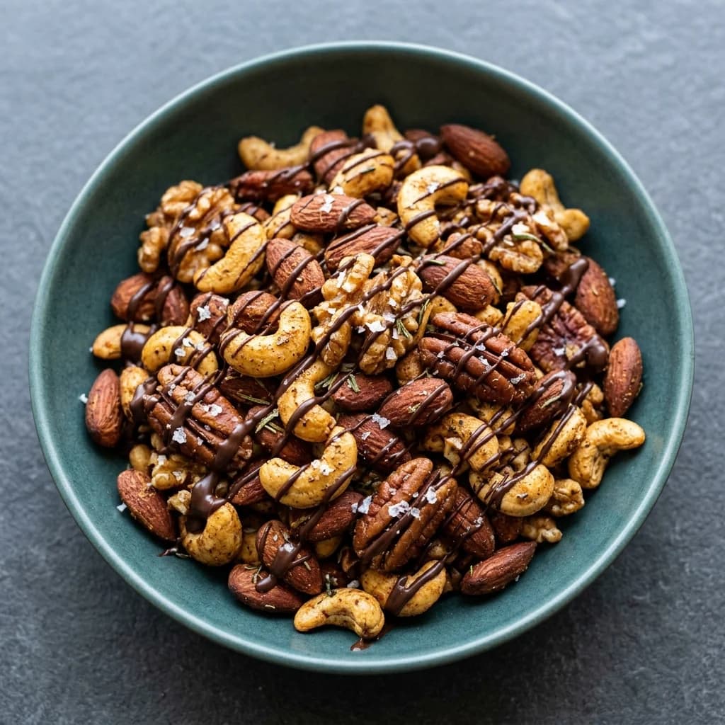 Chocolate-Drizzled Rosemary Sea Salt Spiced Nuts