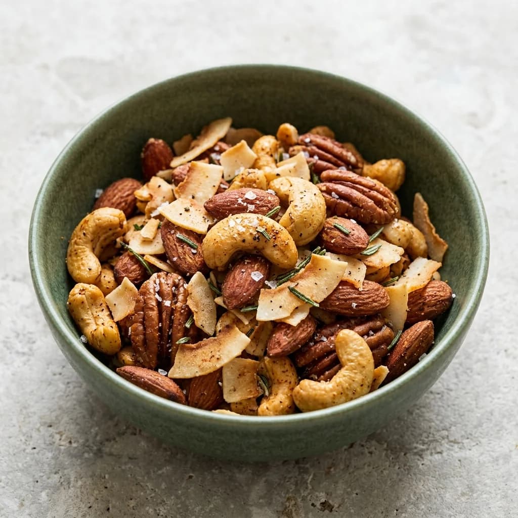 Toasted Coconut Rosemary Spiced Nuts with Sea Salt