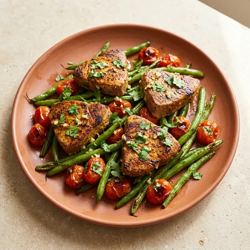 Sheet Pan Tuna Steaks with Tomatoes & Green Beans