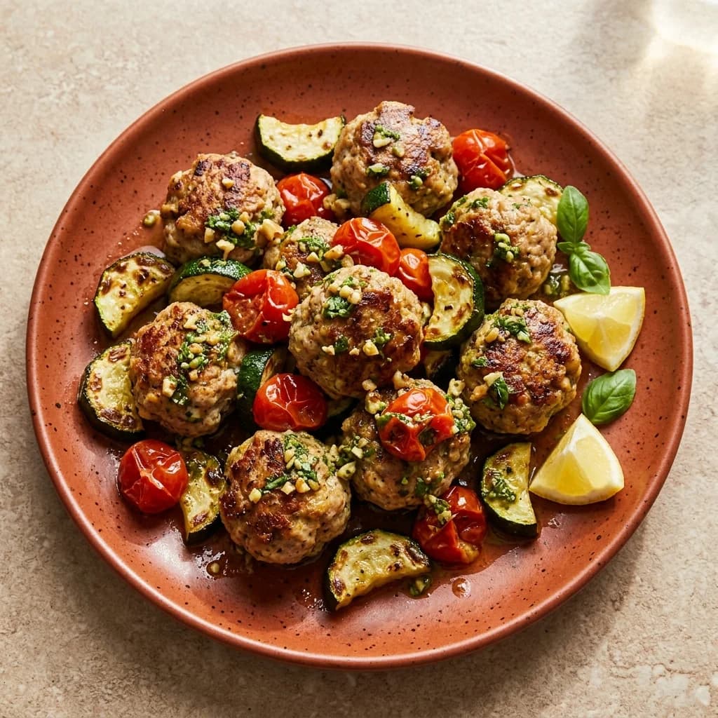 Sheet Pan Turkey Meatballs with Pesto, Walnuts, Zucchini & Tomatoes