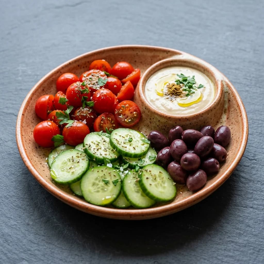 Mediterranean Tomato, Olive & Cucumber Snack Box with Tahini Dip