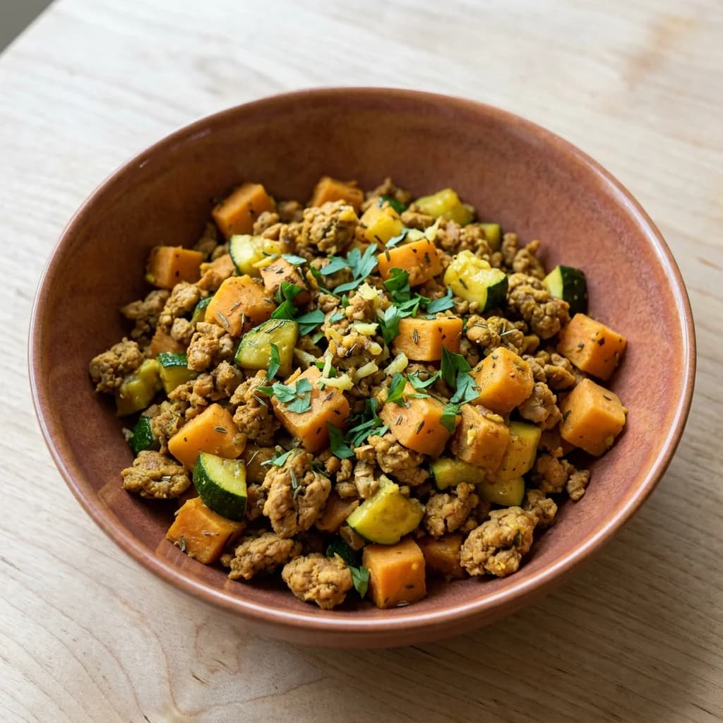 Ginger-Turmeric Turkey Sweet Potato Hash with Zucchini