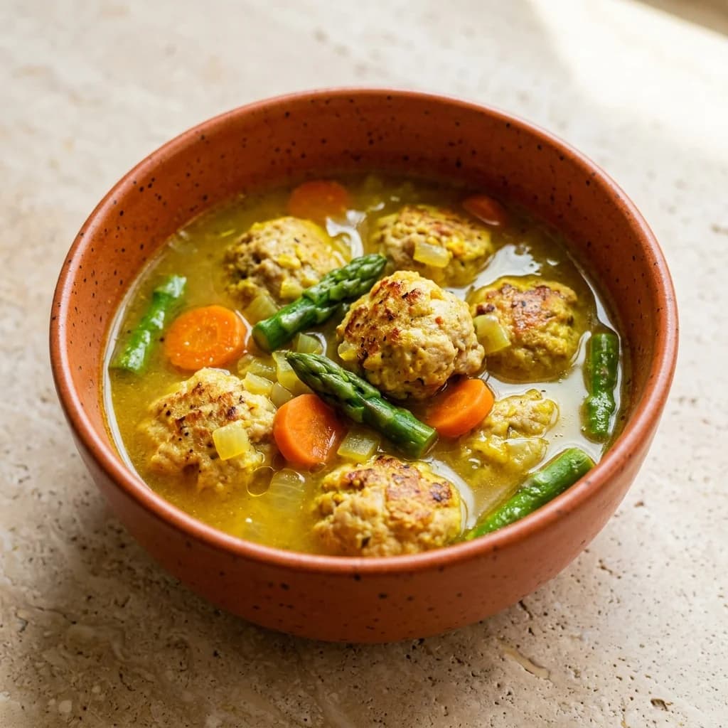 Ginger-Turmeric Turkey Meatball Soup with Asparagus