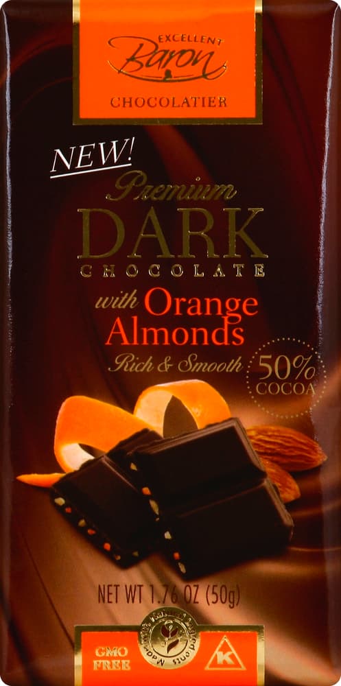 Baron Chocolatier Dark Chocolate, With Orange Almonds, 50% Cocoa