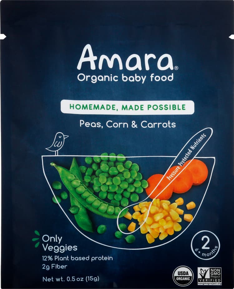 Amara Baby Food, Organic, Peas, Corn & Carrots, 2 (6+ Months
