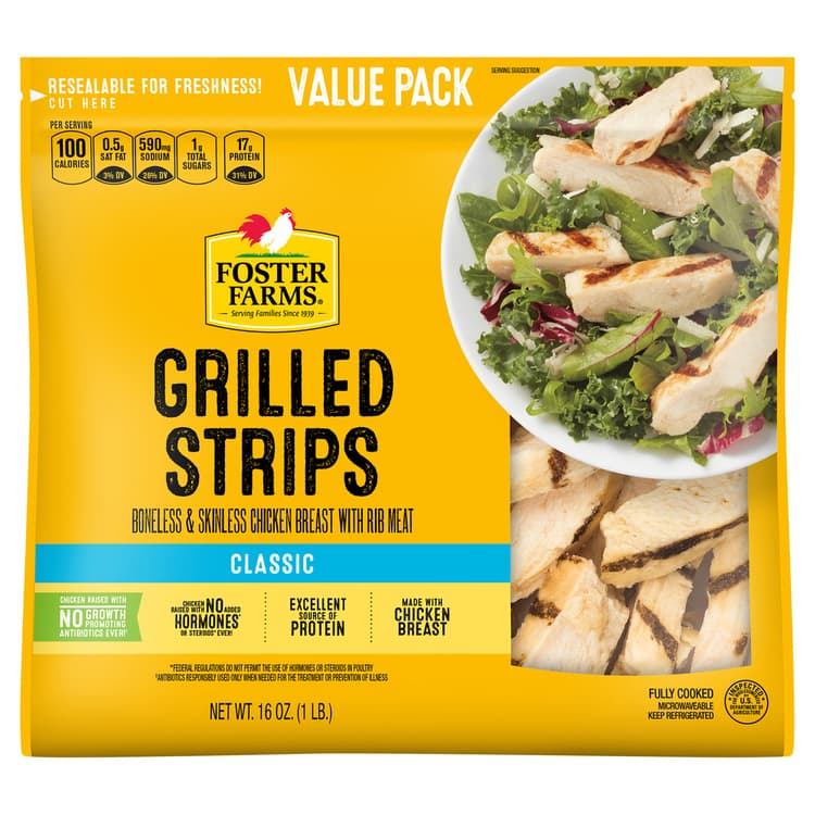 Foster Farms Chicken Breast, Classic, Boneless & Skinless, Grilled Strips, Value