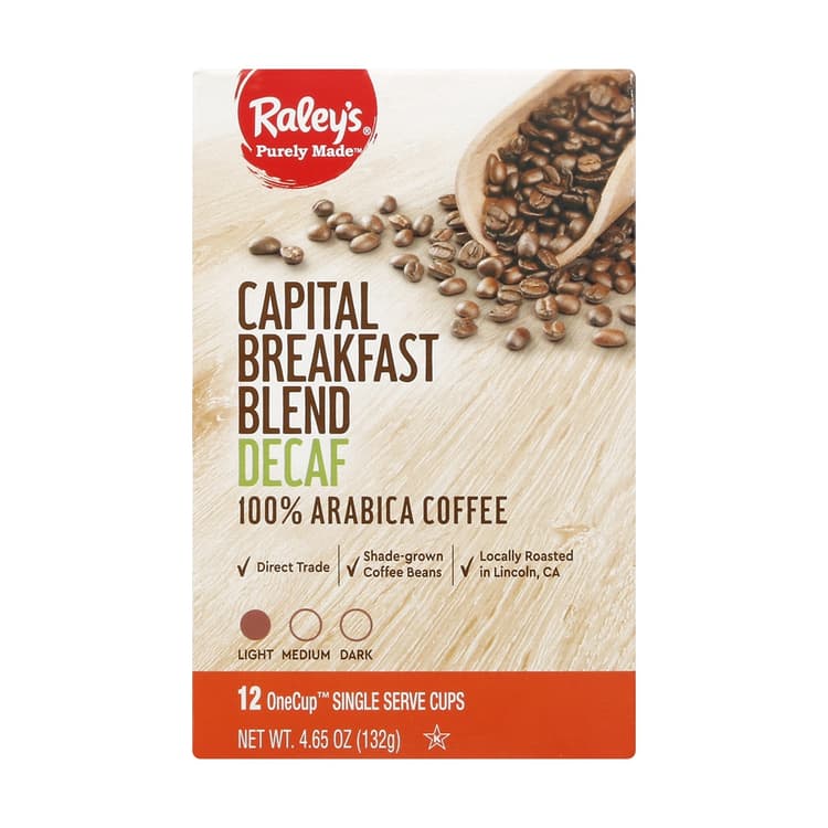 Raley'S Purely Made Capital Breakfast Blend 100% Arabica Decaf Light Roast Onecup Coffee