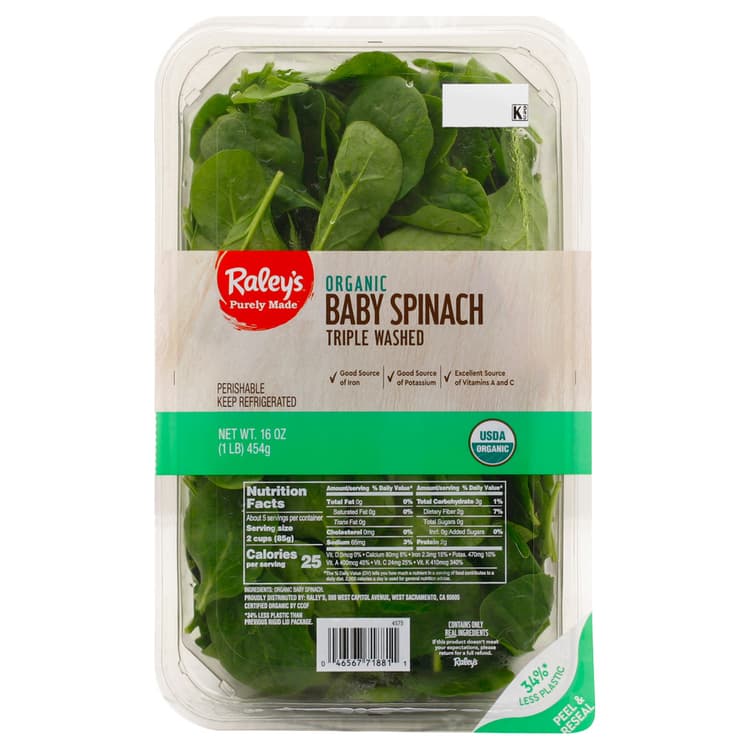 Raley'S Baby Spinach, Organic, Triple Washed