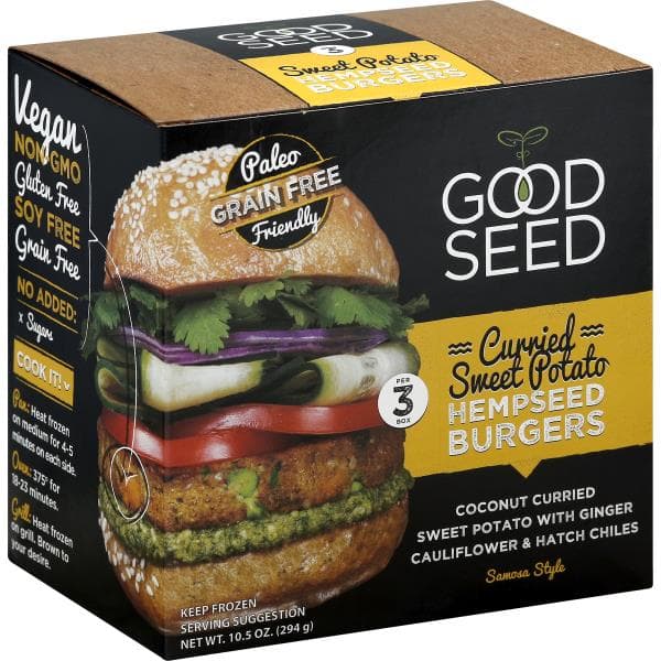 Good Seed Burgers, Hempseed, Curried Sweet Potato, Samosa Style