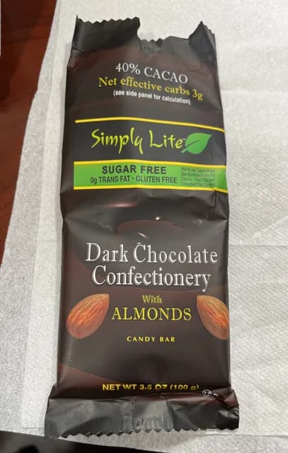 Simply Lite Sugar Free Gluten Free Dark Chocolate Confectionery With Almonds Candy Bar
