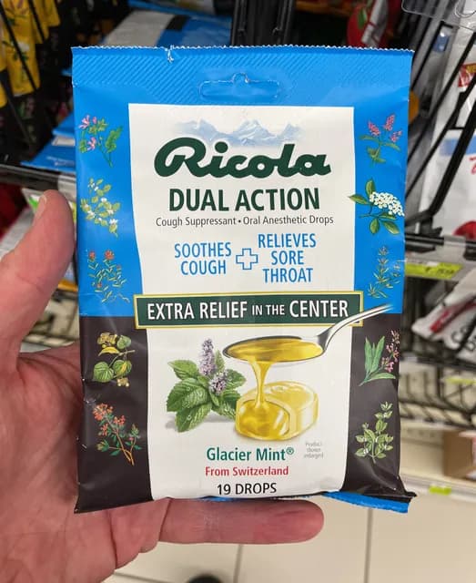 Ricola Dual Action Cough Suppressant Oral Anesthetic Drops Glacier Mint