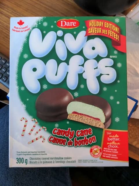 Dare Viva Puffs Candy Cane Chocolatey Covered Marshmallow Cookies