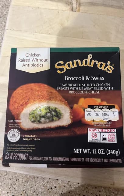 Sandra'S Broccoli & Swiss Raw Breaded Stuffed Chicken Breasts With Rib Meat Filled With Broccoli & Cheese