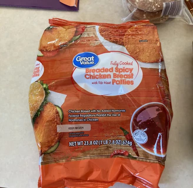 Great Value Fully Cooked Breaded Spicy Chicken Breast With Rib Meat Patties