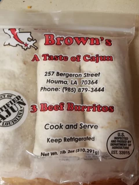 Mickey Brown'S A Taste Of Cajun 3 Beef Burritos
