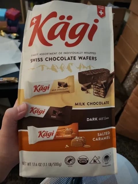 Kagi Swiss Chocolate Wafers Milk Chocolate, Dark 60% Cocoa, Salted Caramel