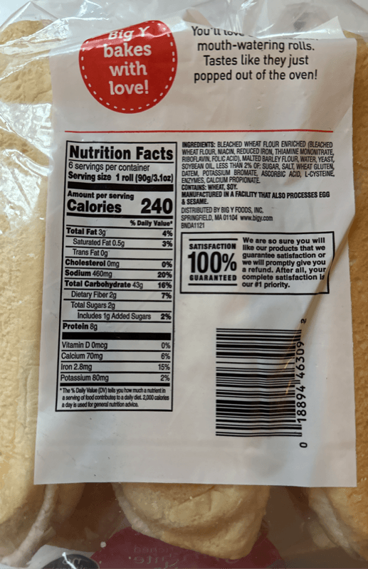 Big Y Enriched White Grinder Rolls