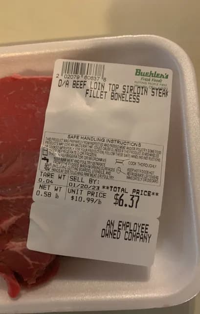 Buehler'S O/A Beef Loin Top Sirloin Steak Fillet Boneless