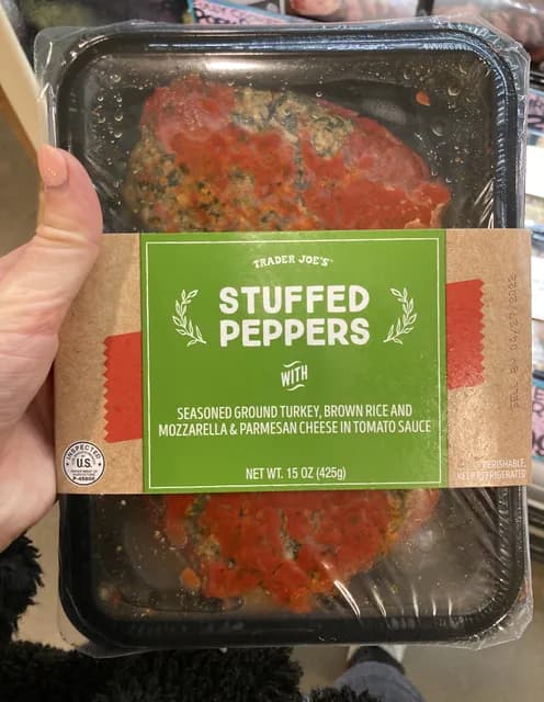 Trader Joe'S Stuffed Peppers With Seasoned Ground Turkey, Brown Rice And Mozzarella & Parmesan Cheese In Tomato Sauce