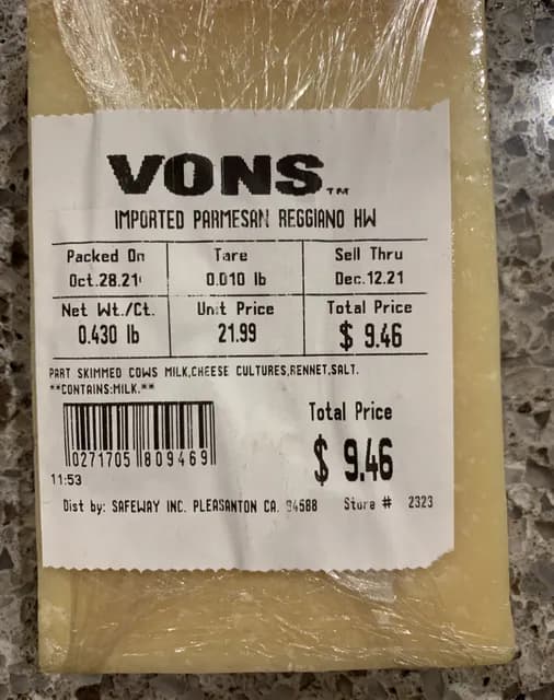Vons Imported Parmesan Reggiano