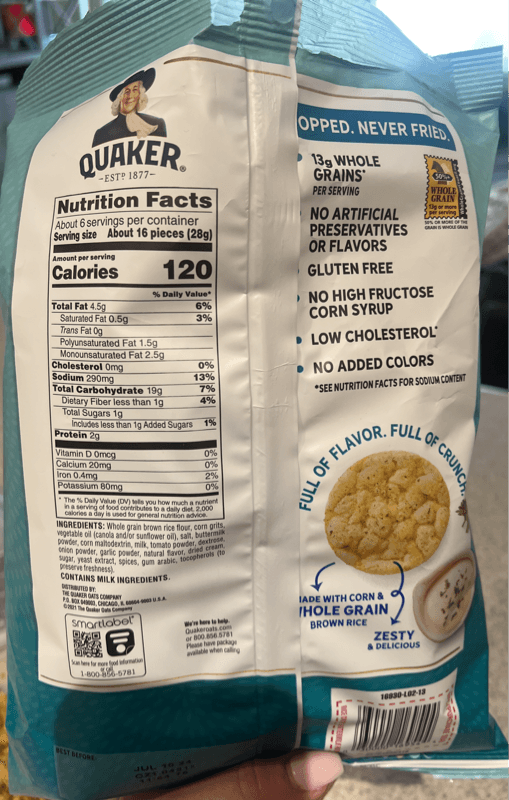 Is it Soy Free? Quaker Popped Rice Crisps Gluten Free Buttermilk Ranch