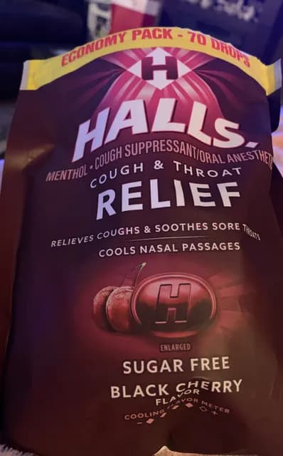 Halls Sugar Free Black Cherry Flavor Cough & Throat Relief Economy Pack 70 Drops