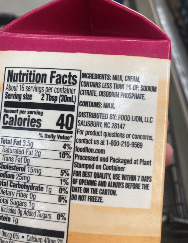 Food Lion Half And Half Original Ultra Pasteurized Milk