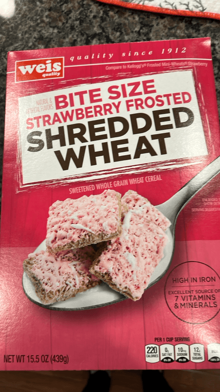 Weis Quality, Strawberry Cream Frosted Shredded Wheat Lightly Sweetened Whole Grain Wheat Cereal