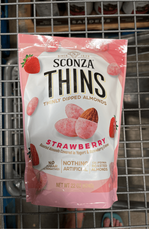 Sconza Strawberry Thins Thinly Dipped Roasted Almonds Covered In Yogurt % Strawberry Creme