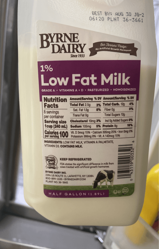Byrne Dairy 1% Low Fat Milk Half Gallon