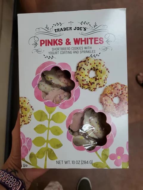 Trader Joe's Pink & Whites Shortbread Cookies With Yogurt Coating And Sprinkles