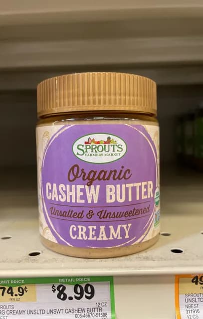 Sprouts Farmers Market Organic Cashew Butter Unsalted & Unsweetened Creamy