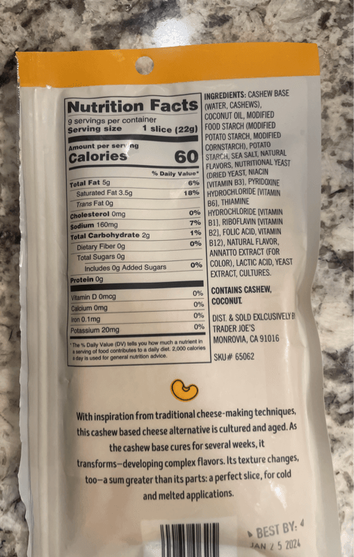 Trader Joe'S Dairy Free Cheddar Style Slices Cashew Cheese Alternative