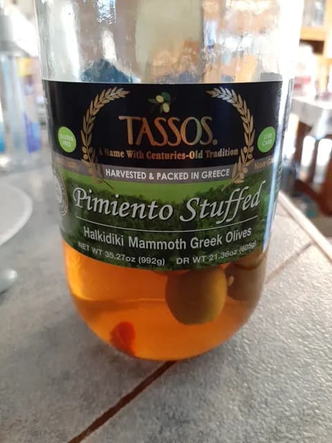Tassos Pimiento Stuffed Halkidiki Mammoth Greek Olives