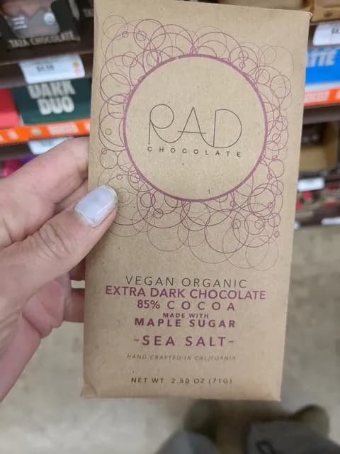 Rad Chocolate Vegan Organic Extra Dark Chocolate 85% Cocoa Made With Maple Sugar Sea Salt