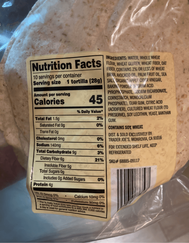 Trader Joe'S Carb Savvy Tortillas Made With Whole Wheat 10 Tortillas
