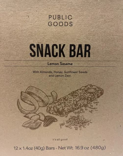 Public Goods Lemon Sesame Snack Bar With Almonds, Honey, Sunflower Seeds And Lemon Zest