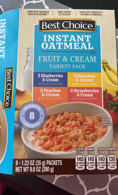 Best Choice Instant Oatmeal Fruit & Cream Variety Pack: Blueberries & Cream, Bananas & Cream, Peach & Cream, And Strawberries & Cream