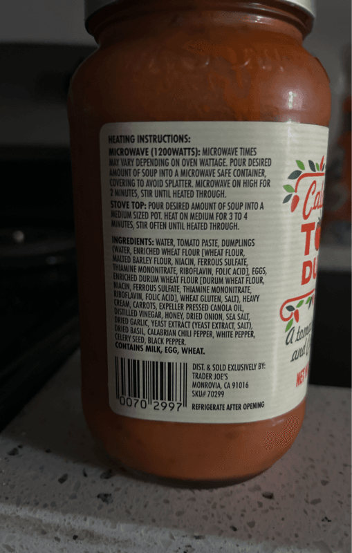 Is it Soy Free? Trader Joe's Calabrian Chili Tomato Dumpling Soup