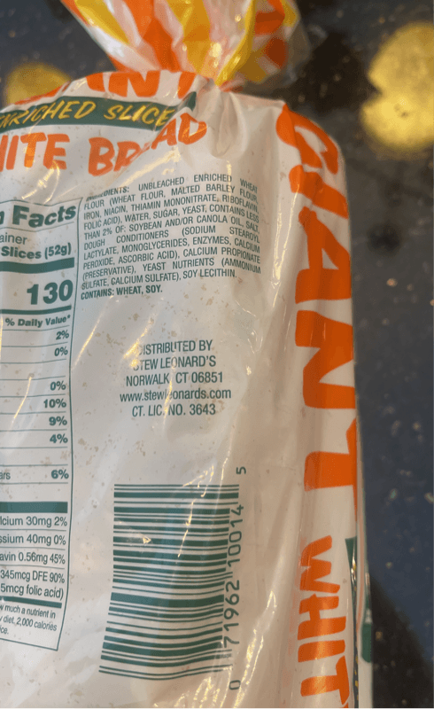 Stew Leonard'S Giant Enriched Sliced White Bread
