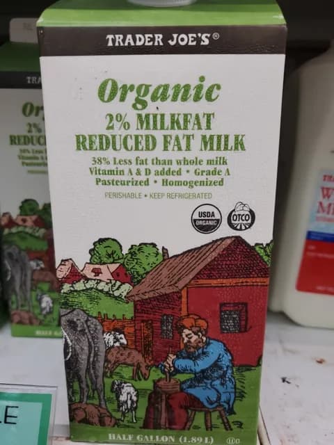 Trader Joe'S Organic 2% Milkfat Reduced Fat Milk
