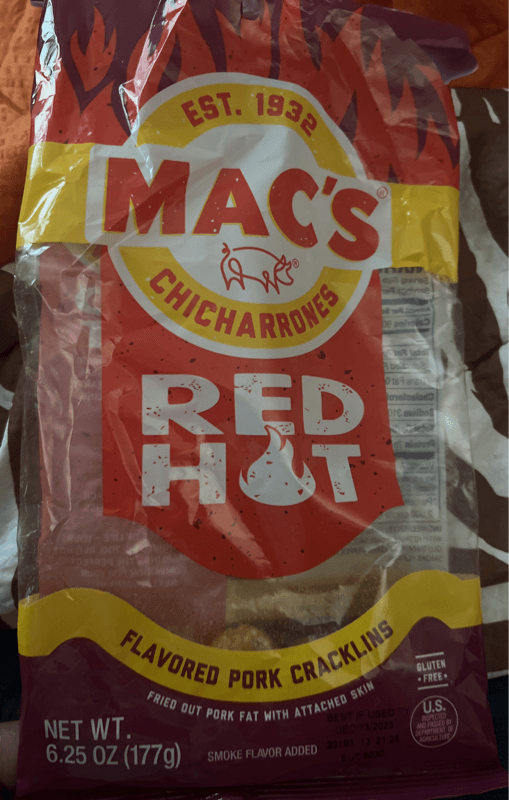 Mac'S Chicharrones Red Hot Flavored Pork Cracklins