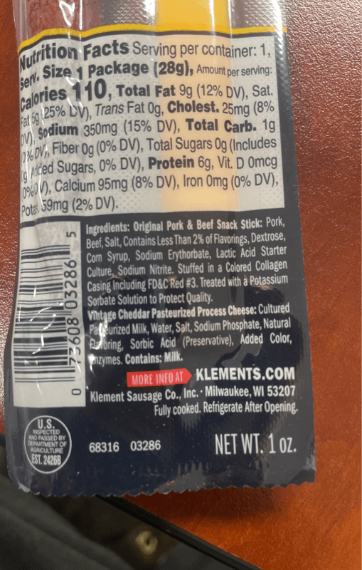 Klement'S Original Pork & Beef Snack Stick With Cheddar Cheese