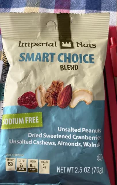 Imperial Nuts Smart Choice Blend Unsalted Peanuts, Dried Sweetened Cranberries, Unsalted Cashews, Almonds, Walnuts